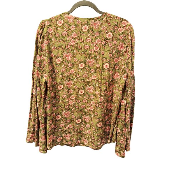 Jessica Simpson Olive Green Floral Boho Blouse With Tie Neck Sz L - Picture 9 of 11